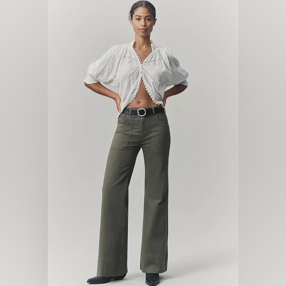 The Rylan Relaxed High Rise Flare Pants by Pilcro in Dried Fern, size 34, NWT